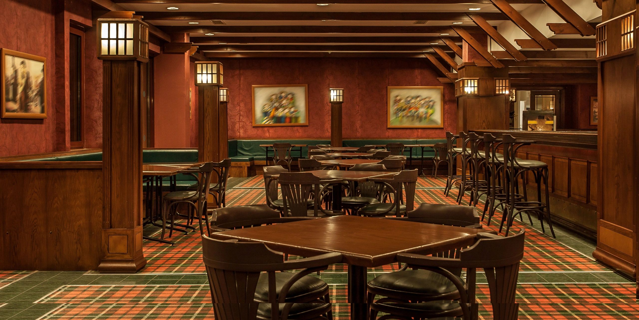 Warm Irish pub interior with vintage wood